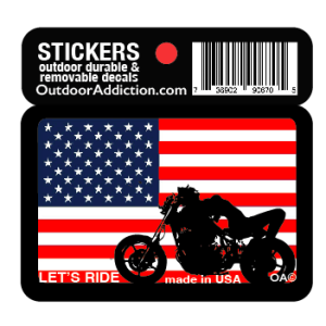"Let's Ride" Motorcycle with Girl USA 2.5 x 1.5 inches cell phone sticker Mark your cell phone or any other item with these great designs sized perfectly for items like computers especially cell phones but works on bigger items like your car too! Dimensions: 2.5" x 1.5 inch -Printed vinyl -Outdoor durable and ultra removable -Waterproof